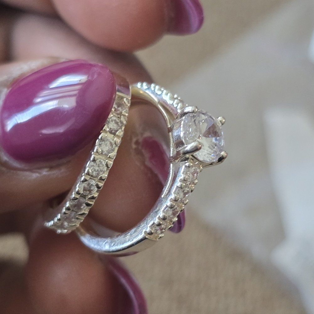 Macy's Women Bridal Set Engagemeng Ring  Sz 8 New Cubic Sterling Silver New - Picture 8 of 10